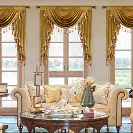 VOGOL Thick Velvet Curtains Valance for Bedroom, Gold Thermal Insulated Luxury Waterfall Valances for Formal Living Room, Rod Pocket Top, W39 Inches, 1 Panel
