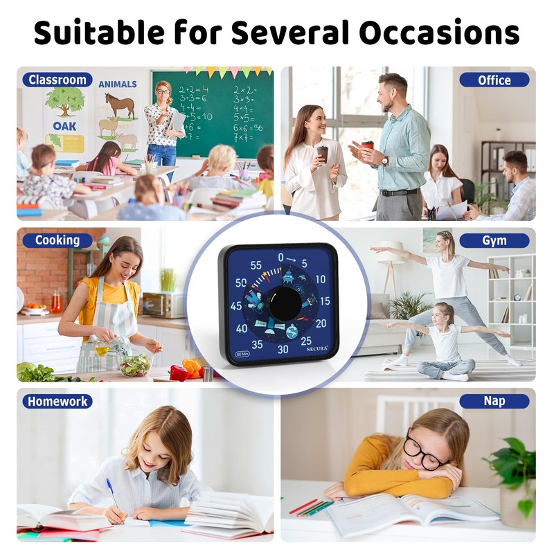 Secura 7.5-Inch Astronaut Pattern Visual Timer for Kids, 60-Minute Countdown