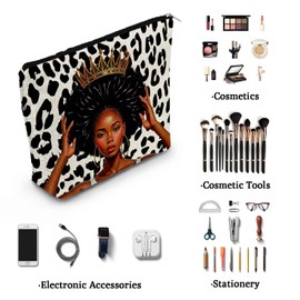 YULUENZE African American Lady Makeup Bag Cute Small Canvas Organizer Bag with Zipper Leopard Black Queen Cosmetic Bag Aesthetic Birthday Present for Black Women Sisters Friends