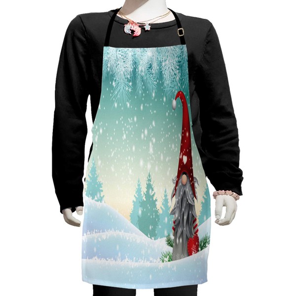 Ambesonne Gnome Apron, Elf Tomte Standing on Snow on the