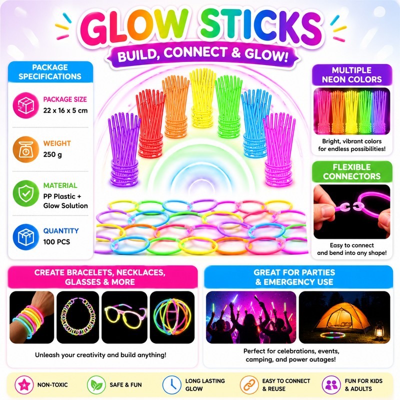 100-Pack Glow Sticks for Party Favors – Connectable Light Up