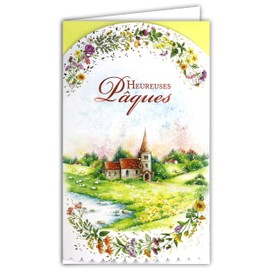 Happy Easter Card Christian Church Sheep Lambs Landscape Country Flowers Spring Comes with Envelope Size 12 x 19.5 cm FSC Ecolabel Paper Sustainable Management Forests Made in Europe 12-6008