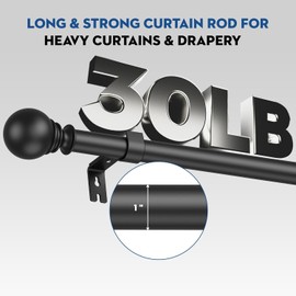 Black Curtain Rod for Windows 48 to 84 inch, Adjustable 1 inch Diameter Heavy Duty Long Curtain Rods with Brackets
