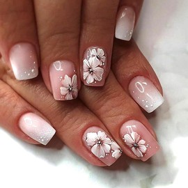 Summer Press On Nails Short Square, Nude Fake Nails Featuring a Nude-to-White Gradient and Elegant White Floral Accents, Glossy Finish Acrylic Nails, Reusable Glue On Nails for Women, Petal Veil