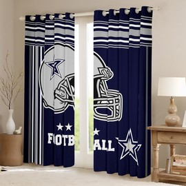 American Football Window Curtains,Western Texas Star Cowboy Football Sports Window Drapes for Boys Men,Rugby Helmet Geometric Stripes Blue Window Treatments Grommet Top 2 Panel Set,52Wx84L inch