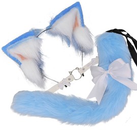 VIGVAN Animal Cosplay Ears and Tail (ETC Blue White - Wolf, Fox, Cat, Raccoon)