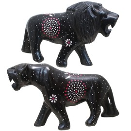 African Jungle Safari Wild Animals 6 Inch Genuine Human Touch Smooth Elegant Cool and Soothing Stone Figurine Decor Set of 2 Hand Carved Painted Etched by African Artists (Leopard Lion)