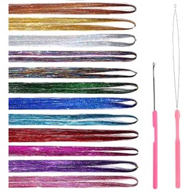 MEISO 12 Colores 2600 Hebras Kit De Hebras De Oropel para el Cabello Con 2 Herramientas, Hair Extensiones, Oropel Brillante Extensiones De Cabellode