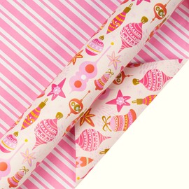 MAYPLUSS Christmas Reversible Wrapping Paper Jumbo Roll - 30 Inches x 100 Feet - Pink Ornaments Stripe,christmas paper,Gift Wrap for Xmas,New Year,Holiday, Party, Celebration