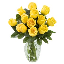 KaBloom Flowers - Bouquet of 12 Fresh Yellow Roses (Farm-Fresh, Long-Stem) with Vase - Gift for Birthday, Sympathy, Anniversary, Get Well, Thank You, Valentine, Mother’s Day Fresh Flowers