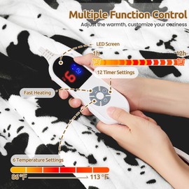 PTQ Black Cow Print Heated Throw Blanket 50"x60", Electric Blanket with 6 Heat Settings & 1-12H Timer, Cozy Soft Flannel Sherpa, Machine Washable, Warm Gift for Women