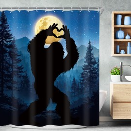 Riyidecor Funny Shower Curtain 60Wx72H Inch Rustic Mountain Monkey Chimpanzee Wild Animal Cool Silhouette Shadow Scene Moon Nature Bathroom Decor Fabric Polyester Waterproof 12 Pack Hooks