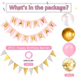Balloons Birthday Decoration Set, Pink Gold Birthday Decoration Happy Birthday Decoration Banner Party Decoration Birthday Set with Balloons Confetti Balloons Triangle Flags Garlands (Pink + Gd + PT)