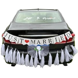 4 PCS Just Married Wedding Car Decorations Kit - Veil Bow with Suction Cups, Static Cling Window Decal, Removable Banner, Paper Tassel for Bride and Groom Newlywed Vehicle Decor