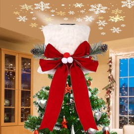 Christmas Tree Topper Hat with Lighted Snowflaker, HOHOTIME Double-Sided Sequins Christmas Tree Topper with Buffalo Plaid White Bow, Pine Cones and Red Berries for Christmas Tree Decorations