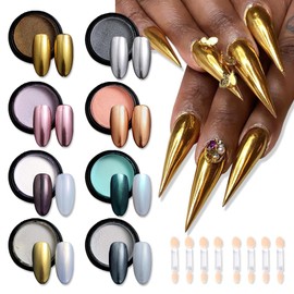 SUTOKAKA 8 Jars Chrome Nail Powder Magic White Pearl Kit, Metallic Mirror Effect Holographic Glitter Iridescent Aurora Mermaid Pearl Pigment Dust Kit for Gel Polish Nail Art Decoration, Resin Craft