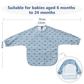 Yiupea Baby Mess Proof Baby Bib with Long Sleeves - Machine Washable & Waterproof Baby Bibs 6-24 Months for Baby Led Weaning, Coverall Bibs for Baby Feeding-Blue