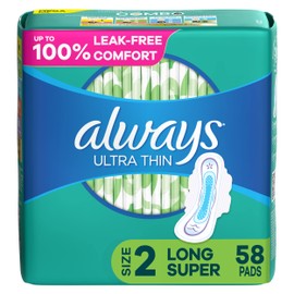 Always Ultra Thin Feminine Pads For Women, Size 2 Long Super Absorbency, With Wings, Unscented, 58 Count