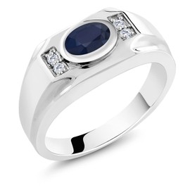 Gem Stone King Men's 925 Sterling Silver Blue Sapphire and White Moissanite Ring For Men | 1.95 Cttw | Gemstone September Birthstone | Oval 8X6MM | Available In Size 7, 8, 9, 10, 11, 12, 13