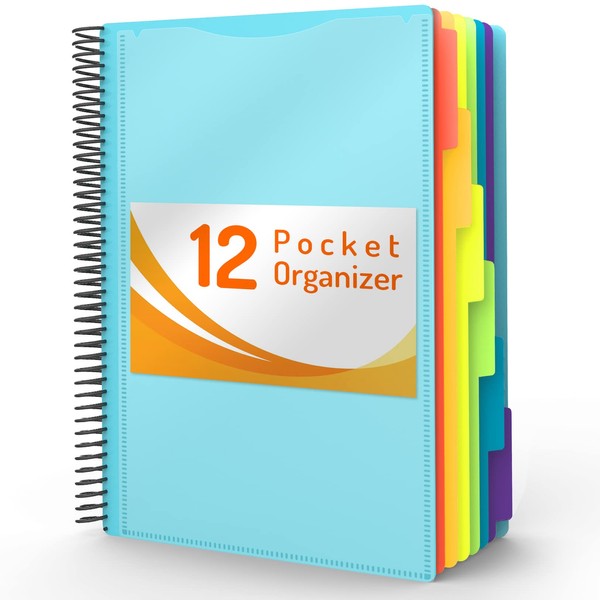 12 Pocket Project Organizer, Forvencer 1/6-cut Tab Binder Organizer w Sticky Labels, Multi Pocket Folder with Zipper Pouch, Folder Binder Spiral Pocket Organizer Folder Notebook, Letter Size, Sky Blue