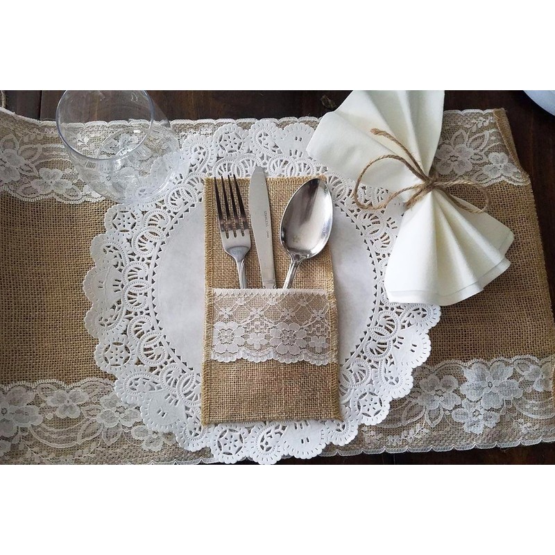 DECORA 4 X8 Inch Hessian Burlap Lace Jute Cutlery Pocket