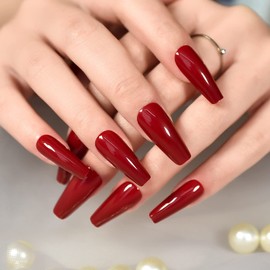 Elevenail Press on Nails Glossy Red Nails Long Coffin False Nails Faux Ongles Reusable Xmas Nail Art Tips Salon DIY Manicure Acrylic Fake Nails Gifts for Women Girls