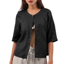 Amazhiyu Women Pure Linen Open Front Cropped Cardigan Elbow Sleeve Summer Jacket Black, Medium