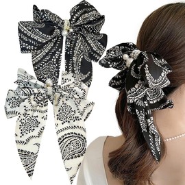 2 PACK Big Satin Hair Bows, Broken Flower Hair Clips Hair Bows for Women, Barrette Black White Bow for Hair Bride Wedding Bows French Style Hair Accessories