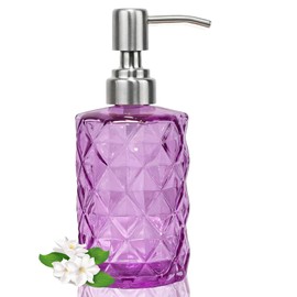 12Oz Purple Glass Soap Dispenser with Stainless Steel Pump, Refillable Kitchen Liquid Hand Soap Dispenser with Diamond Design, for Dispense Hand soap, Dish Soap, Lotion, Bathroom, Countertop, Hotel