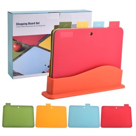 Chopping Board Set - Colour Coded Plastic Cutting Boards with Storage Stand - Set of 4 with Holder
