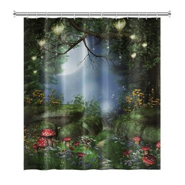Yeele Mushroom Curtain for Bathroom Enchanted Forest Shower Curtain Fairy Mushroom Bathroom Curtain Fantasy Lanterns Bath Curtain Grassland Bathroom Curtain Decor with Hooks,72x72in