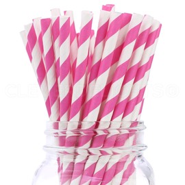 CleverDelights Pink Stripe Paper Straws - 100 Pack - Ecofriendly Biodegradable Drinking Straws