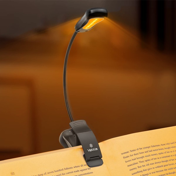 Vekkia Amber Rechargeable 7 Led Eye-Care Book Light,Blue Light Blocking Reading Light,3 Levels,1600K for Strain-Free, Healthy Eyes.Up to 70 Hours Reading for Bookworms.