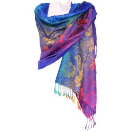 Wrap Flower Print Ethnic Colorful Soft and Silky Pashmina Scarf Shawl Rainbow Wrap - Royal