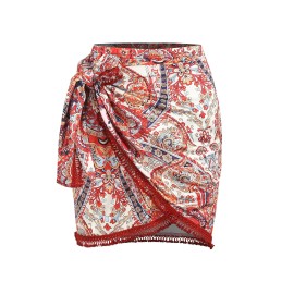ZAFUL Slit Skirt for Women Boho Print Tie Side Wrap Tassel Casual Beach Mini SkirtColor: boho-red, Size: L