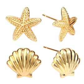 2 Pairs Gold Earrings for Women, Summer Beach Starfish Shell Stud Earrings Set Copper Material Dainty Ocean-Themed Jewelry Accessories for Summer Travel Vacation Daily Wear (Gold)