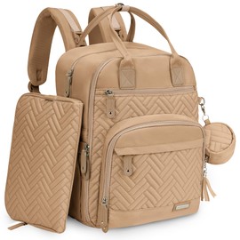 iniuniu Diaper Bag Backpack, 4 in 1 kit Large Unisex Baby Bags for Boys Girls, Waterproof Travel Back Pack with Diaper Pouch, Washable Changing Pad, Pacifier Case and Stroller Straps, Light Khaki