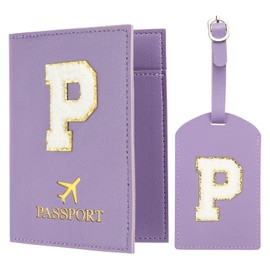 PATIKIL Passport Holder for Travel, Initial Passport Cover and Luggage Tag Set with Alphabet Chenille Letter Patch Travel Wallet Bag Suitcase Identifier for Women Family Travel Purple P