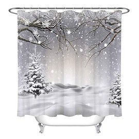LB Winter Shower Curtain Set Snowflake Pine Tree Branch Snow Scene Bathroom Curtain with Hooks 72x72 inch Waterproof Polyester Fabric Bathroom Decorations