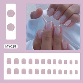 French Press on Nails Short Square, Full Cover Purple with Silver Nail Tip Design Fake Nails Spring and Summer Simple Style False Nails Glossy Stick on Nails for Daily Reusable Acrylic Nails 24Pcs