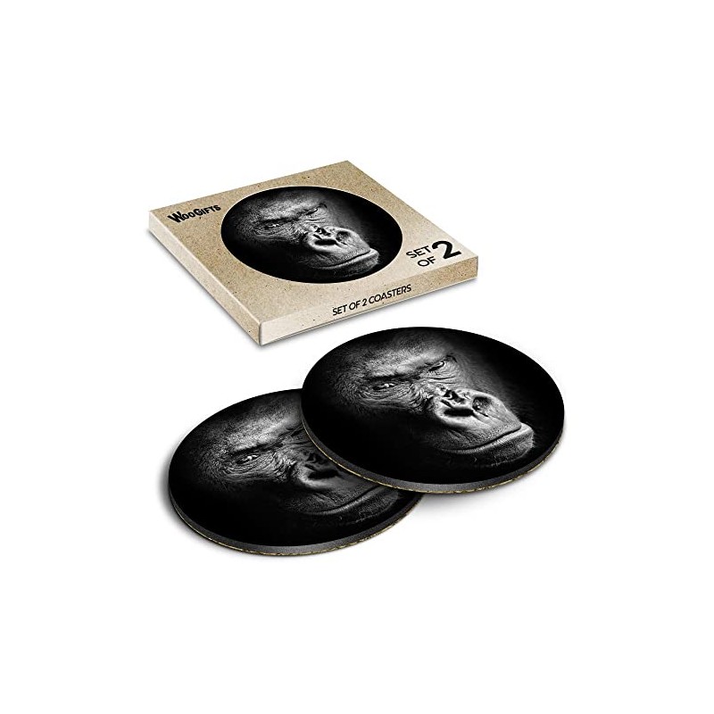 2 x Round Coasters - Black & White Gorilla Wild