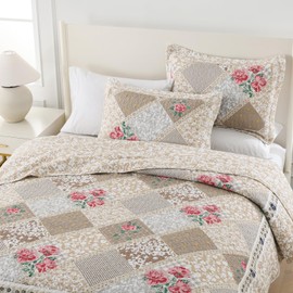 SahSahCasa 100% Cotton 128"x120" Oversized California King XL Bedspread Coverlet Quilt Set, Cal King Quilted Bedspread Extra Large Quilt, Floral Bed Spread Lightweight Comforter, 3pc, Brown/Grey