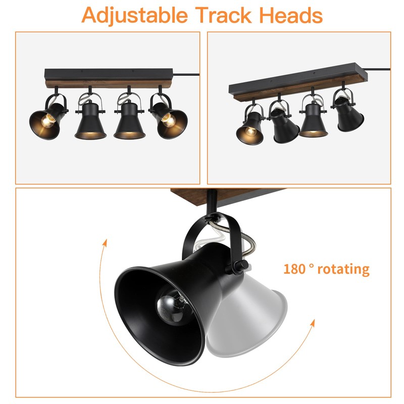SEEBLEN 4-Light Plug-in Track Lighting, Adjustable Ceiling Spotlight,Industrial Black Kitchen
