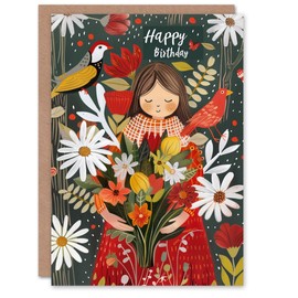 Artery8 Birthday Card Nature Lover Girl with Forest Wildflower Bouquet For Her Gran Sister Niece Daughter Wife Woman Greeting Card