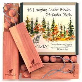 Vivenzia Cedar Blocks for Closet -40 pcs (15 Hang-ups & 25 Balls)- Aromatic Cedar for Closets, Natural Closet Smell Eliminator, Natural Closet Deodorizer, Drawer Fresheners for Dresser.