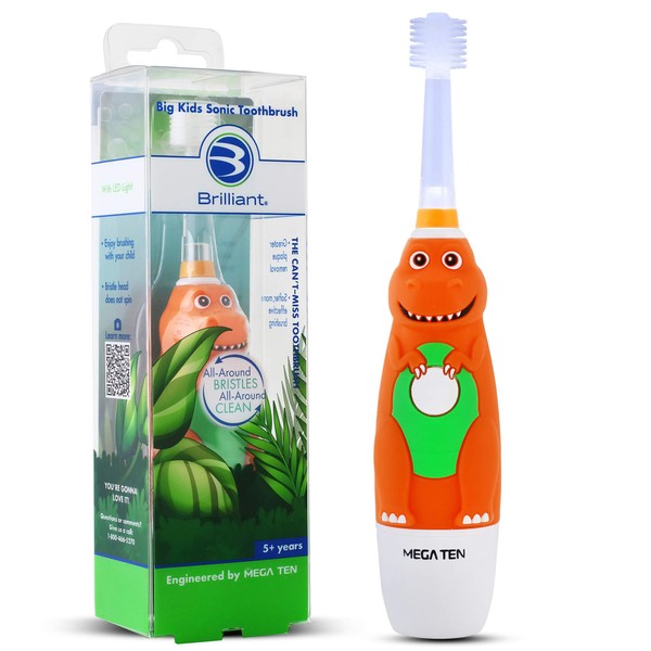 Brilliant Dinosaur Big Kids Electric Toothbrush with Sonic Waves and LED Light Timer for Children Age 5 and Up, Soft Bristles, Dinosaur Round Brush Head Electric Tooth Brush, Childrens Toothbrush - 1