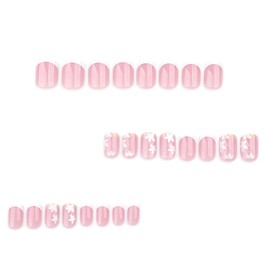 French Tip Press on Nails Spring Flower Fake Nails Short Square False Nails with Designs Glossy Acrylic Nails Small Flowers Glue on Nails Summer Artificial Nails Full Cover Stick on Nails for Women