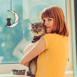 HAOSUM Tabby Cat Stained Glass Window Hanging,Grey Cat on Moon Decor Gift for Cat Lover,Family,Girlfriend Her and Friends