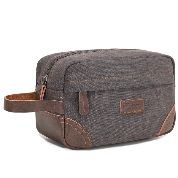 Wogarl Toiletry Bag for Men, Leather and Canvas Travel Toiletry Bag Dopp Kit Shaving Bag for Travel Accessories (Dark Grey)