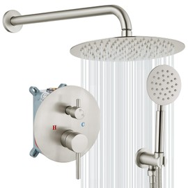 gotonovo 10 Inch Round Rain Shower System Wall Mounted Bathroom Mixer Combo Set High Pressure Shower Head with Rough in Valve Round Handheld Brushed Nickel